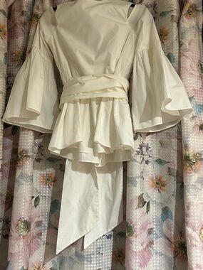 ASOS White Peplum Buttons in-back top with open shoulders and bell sleeves